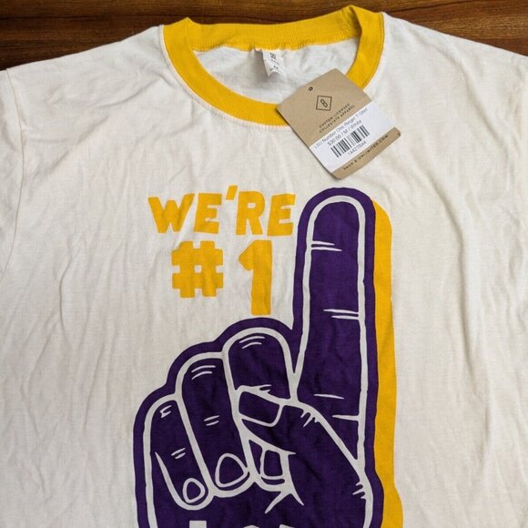 LSU TIGERS We're #1 Shirt Mens Medium White Purple Ringer Finger Retro Style - Picture 3 of 16